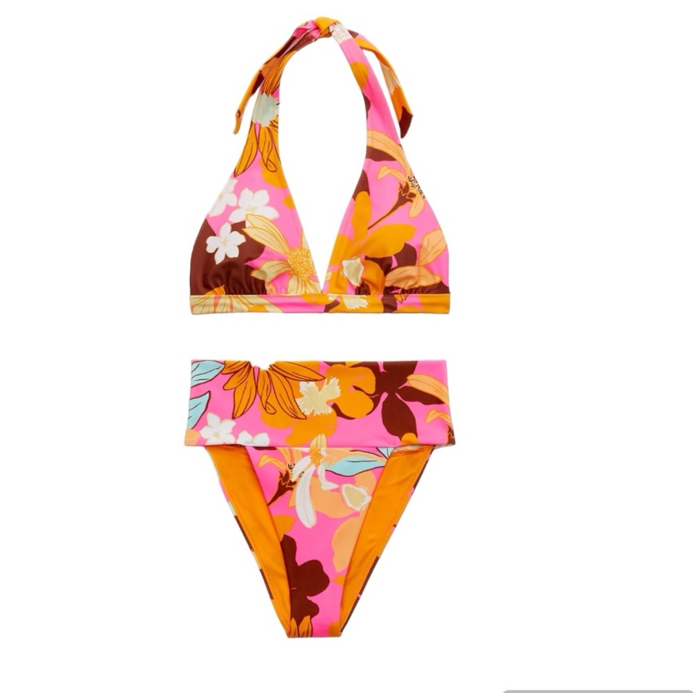 Aerie Halter Triangle Bikini Top & Banded High Cut Cheeky Bikini Bottom XL